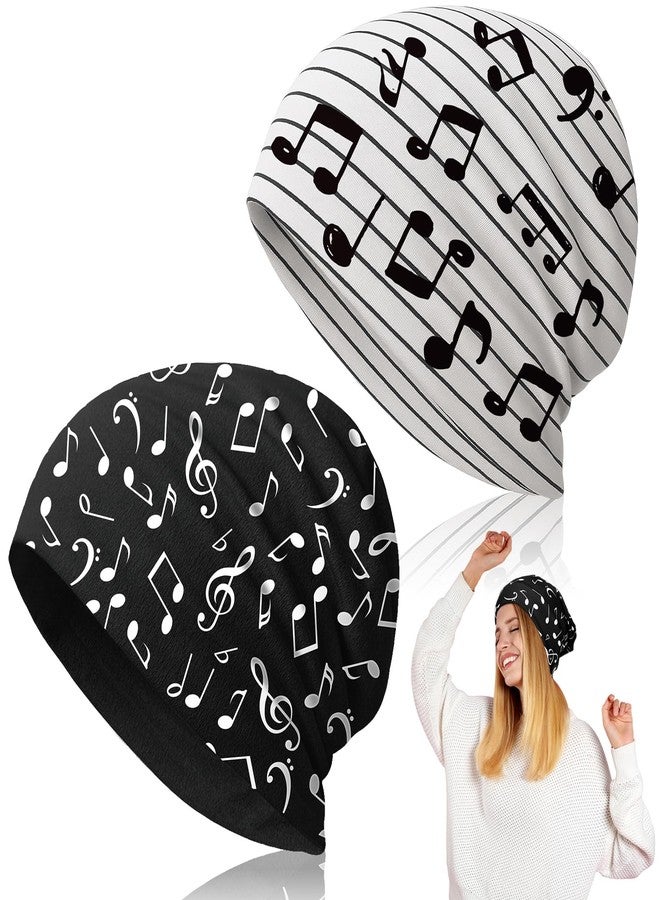 Velmitten 2 Pcs Black and White Music Notes Beanies Piano Notes Slouchy Thin Bonnet Caps Christmas Musical Gifts Skull Cap Elastic Brimless Knitted Hat for Music Lover Producers Piano Player Women Men - Image 1